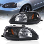 Honda Civic 1999-2000 Factory Style Headlights Black Housing Clear Len Amber Reflector