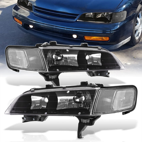 Honda Accord 1994-1997 Factory Style Headlights + Corners Black Housing Clear Len Clear Reflector