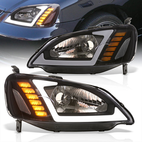 Honda Civic 2001-2003 Sequential LED DRL Bar Factory Style Headlights Black Housing Clear Len Clear Reflector