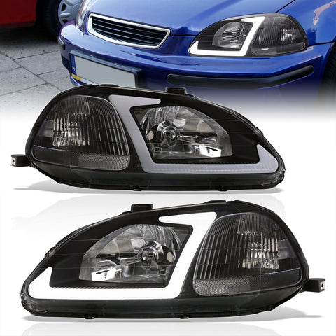 Honda Civic 1996-1998 LED DRL Bar Factory Style Headlights Black Housing Clear Len Clear Reflector