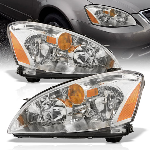 Nissan Altima 2002-2004 Factory Style Headlights Chrome Housing Clear Len Amber Reflector (Halogen Models Only)