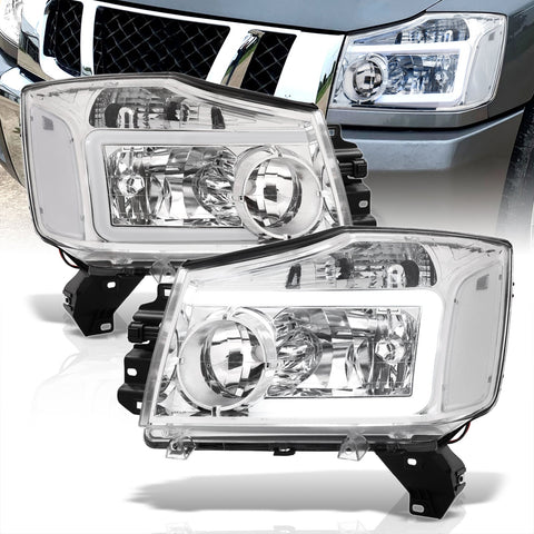 Nissan Titan 2004-2015 / Armada 2004-2007 LED DRL Bar Factory Style Headlights Chrome Housing Clear Len Clear Reflector