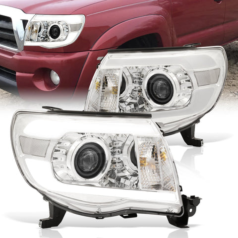 Toyota Tacoma 2005-2011 LED DRL Bar Projector Headlights Chrome Housing Clear Len Clear Reflector