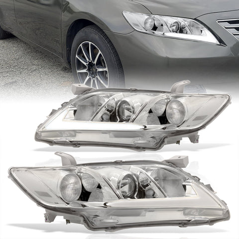 Toyota Camry 2007-2009 LED DRL Bar Factory Style Headlights Chrome Housing Clear Len Clear Reflector