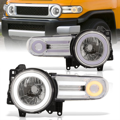 Toyota FJ Cruiser 2007-2014 LED DRL Bar Projector Headlights Chrome Housing Clear Len Clear Reflector