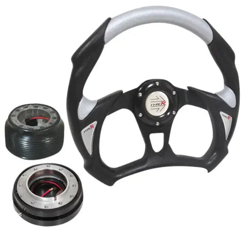 *New* 86-89 Integra Bk/Silver Steering Wheel + Adapter Hub + Quick Release Black AJP DIST