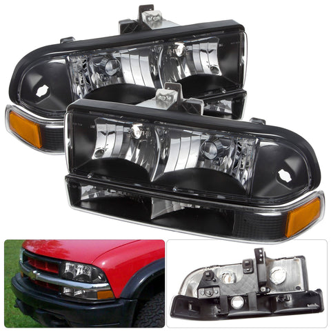 Chevrolet S10 Pickup 1998-2004 / Blazer 1998-2004 Factory Style Headlights + Bumpers Black Housing Clear Len Amber Reflector