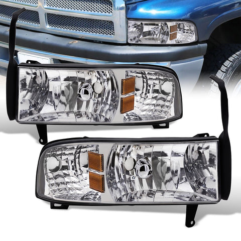 Dodge Ram 1500 2500 3500 1994-2001 1 Piece Headlights Chrome Housing Clear Len Amber Reflector ( Except sports package models )