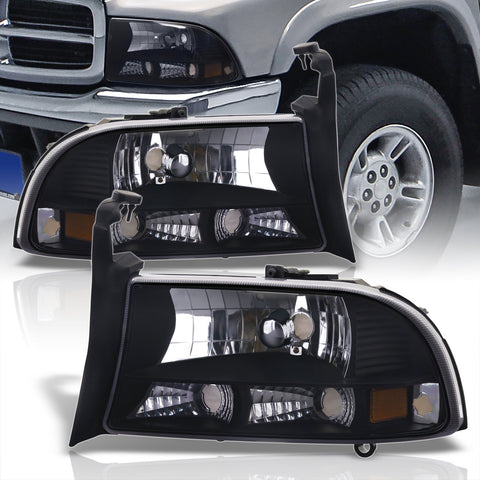 Dodge Dakota 1997-2004 / Durango 1998-2003 1 Piece Style Headlights + Bumpers Black Housing Clear Len Amber Reflector