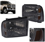 Ford F250 F350 F450 Super Duty 2005-2007 Factory Style LED Headlights Chrome Housing Smoke Len Amber Reflector