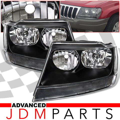 Jeep Grand Cherokee 1999-2004 Factory Style Headlights Black Housing Clear Len Clear Reflector