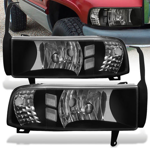 Dodge Ram 1500 2500 3500 1994-2001 1 Piece Headlights Black Housing Clear Len Clear Reflector ( Except sports package models )