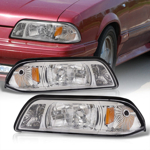 Ford Mustang 1987-1993 1 Piece Style Headlights + Corners Chrome Housing Clear Len Amber Reflector