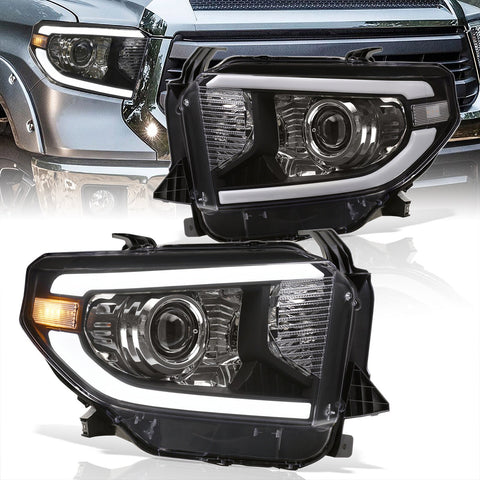 Toyota Tundra 2014-2021 LED DRL Bar Projector Headlights Black Housing Clear Len Clear Reflector (Halogen Models Only)