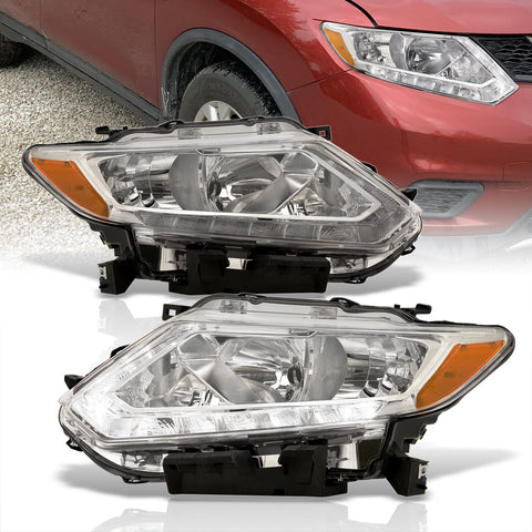 Nissan Rogue 2014-2016 LED DRL Factory Style Headlights Chrome Housing Clear Len Amber Reflector (Halogen Models Only)