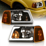 Ford Ranger 2001-2011 LED DRL Bar Factory Style Headlights + Corners Black Housing Clear Len Amber Reflector