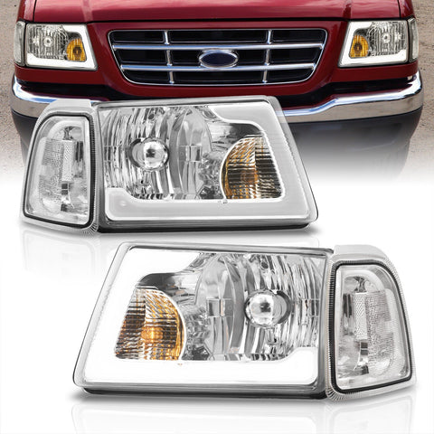 Ford Ranger 2001-2011 LED DRL Bar Factory Style Headlights + Corners Chrome Housing Clear Len Clear Reflector