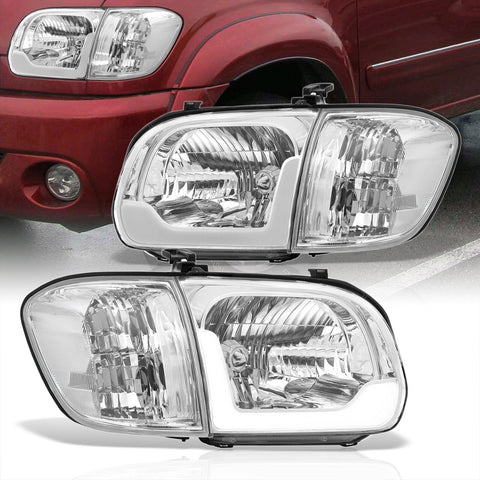 Toyota Tundra (Double Cab / 4 Door Models Only) 2005-2006 / Sequoia 2005-2007 LED DRL Bar Factory Style Headlights + Corners Chrome Housing Clear Len Clear Reflector