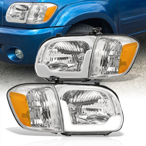 Toyota Tundra (Double Cab / 4 Door Models Only) 2005-2006 / Sequoia 2005-2007 LED DRL Bar Factory Style Headlights + Corners Chrome Housing Clear Len Amber Reflector