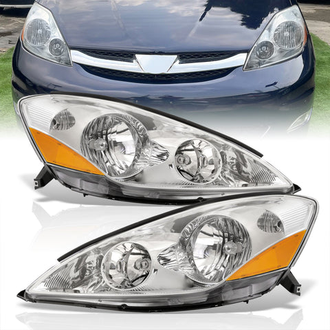 Toyota Sienna 2006-2010 Factory Style Headlights Chrome Housing Clear Len Amber Reflector (Halogen Models Only)