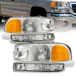 GMC Sierra 1500 1500HD 2500 2500HD 3500 1999-2006 / Sierra Classic 2007 / Yukon 2000-2006 / Yukon XL 1500 2500 2000-2006 Factory Style Headlights + Bumpers Chrome Housing Clear Len Amber Reflector