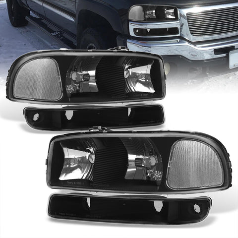 GMC Sierra 1500 1500HD 2500 2500HD 3500 1999-2006 / Sierra Classic 2007 / Yukon 2000-2006 / Yukon XL 1500 2500 2000-2006 Factory Style Headlights + Bumpers Black Housing Clear Len Clear Reflector