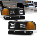 GMC Sierra 1500 1500HD 2500 2500HD 3500 1999-2006 / Sierra Classic 2007 / Yukon 2000-2006 / Yukon XL 1500 2500 2000-2006 Factory Style Headlights + Bumpers Black Housing Clear Len Clear Reflector