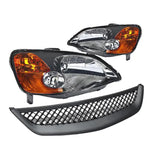 01-03 Civic 2/4-Dr Black Front Grill+Smoke Headlights Lamps Amber Reflector DNA MOTORING