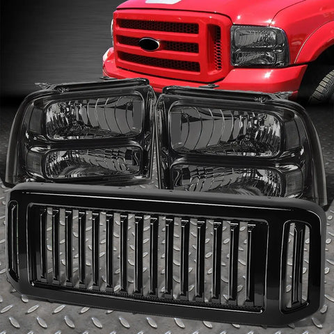 05-07 Ford F250-F550 Smoked/Clear Headlights+Vertical Front Bumper Grille Speed Daddy