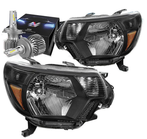 2012-2015 Toyota Tacoma Headlight Lamps W/Led Kit+Cooling Fan Black/Amber DNA MOTORING