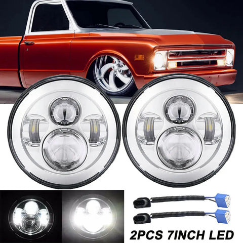 2X Chrome 7Inch Round Led Headlights Hi-Lo For Chevy C10 C20 G10 G20 Nova Pickup EB-DRP