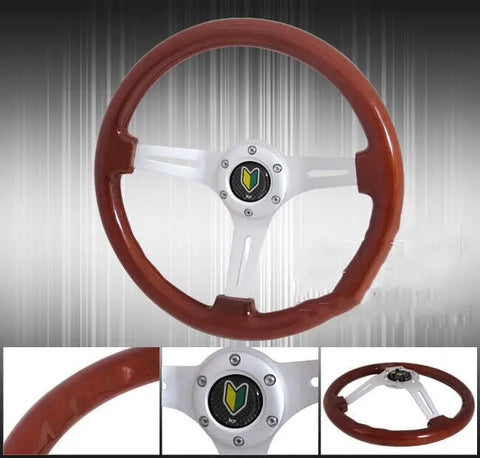 345mm Light Wood Grain Chrome 3 Spokes Steering Wheel + Jdm Green Yellow Button AJP DIST