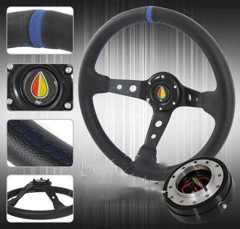 350mm Jdm Black Drifter Concave Steering Wheel W/ 1.5" Slim Quick Release & Horn AJP DIST