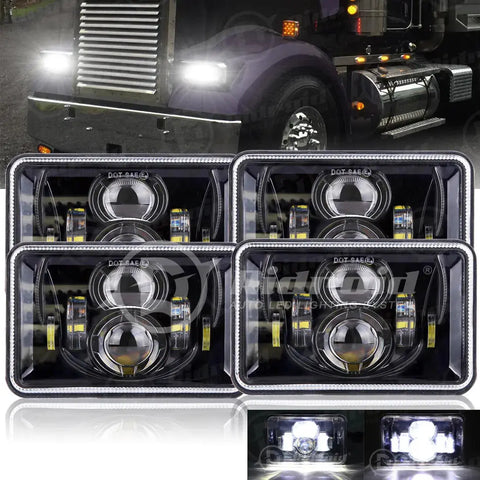 4X Led 4X6 Projector Led Headlight Hi-Lo Beam For Peterbil Kenworth Freightliner EB-DRP