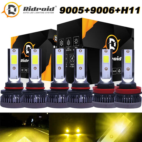 6Pcs Mini 9005 9006 H11 Combo Led Headlights Bulb Kit Hi-Low Beam 3000K Yellow EB-DRP