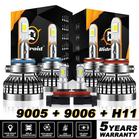 6X Led Headlight Bulbs 9005 9006 H11 Hi/Lo Beam Fog Light Combo Kit 6000K White EB-DRP