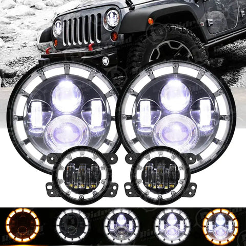 7Inch Led Headlights Halo Drl + 4Inch Fog Light Combo For Jeep Wrangler Jk Jku EB-DRP