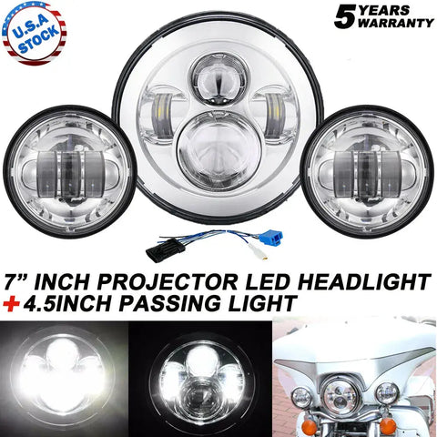 80W 7" Led Projector Headlight + Passing Lights Fit For Harley Touring Chrome EB-DRP