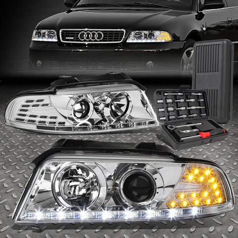 96-01 Audi A4 Quattro Led Drl Signal Chrome Projector Headlights+Tool Set Speed Daddy