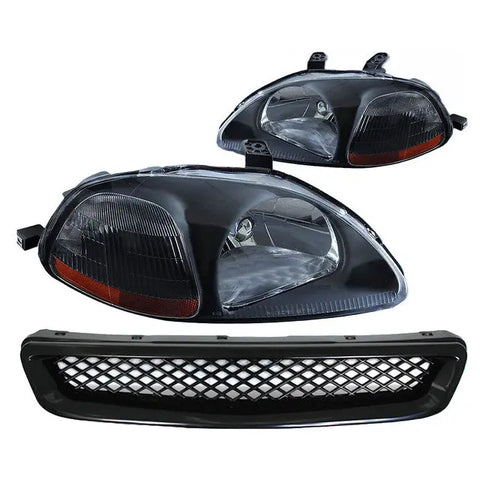 96-98 Honda Civic Ej/Ek Black Bumper Grill+Headlamps Lights Amber Reflector DNA MOTORING