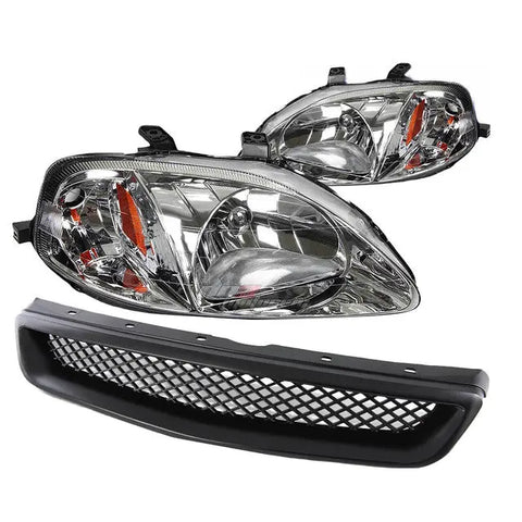 99-00 Honda Civic Black Bumper Grill+Chrome Headlamps Lights Amber Reflector DNA MOTORING