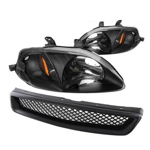 99-00 Honda Civic Black Front Grill+Headlights Lamps Amber Reflector Lens DNA MOTORING