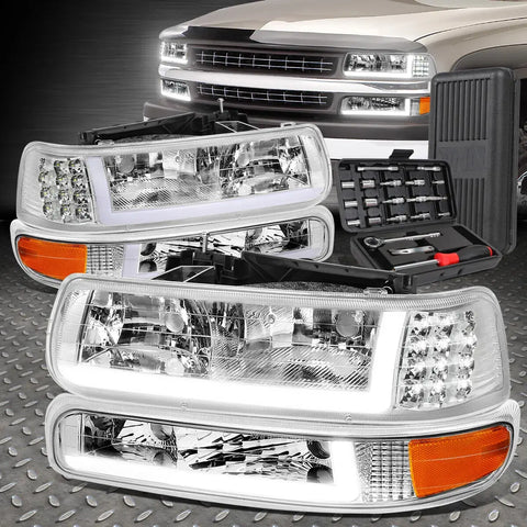 99-02 Silverado Led Drl Bumper Signal Headlight Lamp+Tool Set Chrome/Amber Speed Daddy