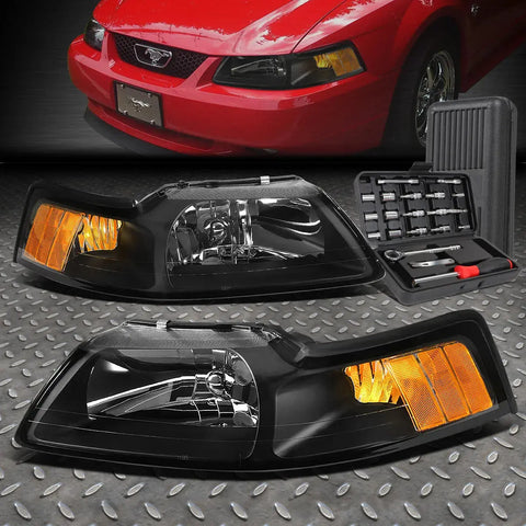 99-04 Ford Mustang Black Housing Amber Side Headlight Head Lamps+Tool Set Speed Daddy