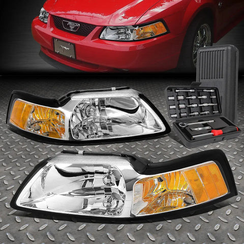 99-04 Ford Mustang Chrome Housing Amber Side Headlight Head Lamps+Tool Set Speed Daddy