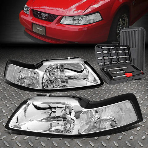 99-04 Ford Mustang Chrome Housing Clear Side Headlight Head Lamps+Tool Set Speed Daddy