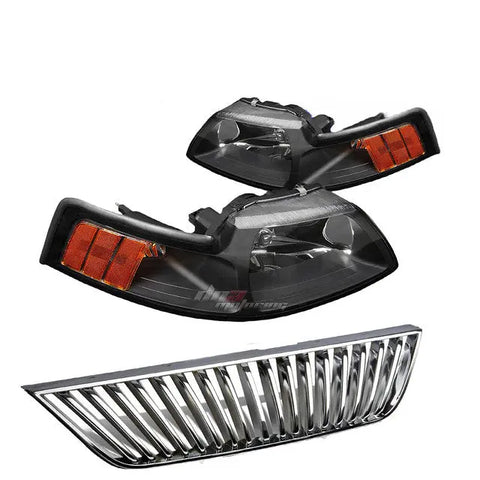 99-04 Mustang Chrome Front Grill+Black Housing Headlamps Amber Reflector DNA MOTORING