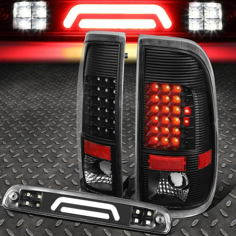 99-07 Ford Super Duty Led Tail Lights+3D Bar Third Brake/Cargo Lamp Black Speed Daddy