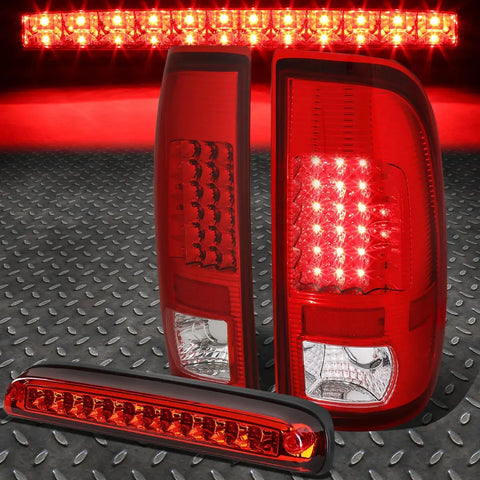 99-07 Ford Super Duty Pair Full Led Tail Light+Third Brake Lamp Chrome/Red Speed Daddy