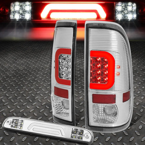 99-07 Ford Super Duty Red Led C-Bar Tail+3D Third Brake/Cargo Light Chrome Speed Daddy